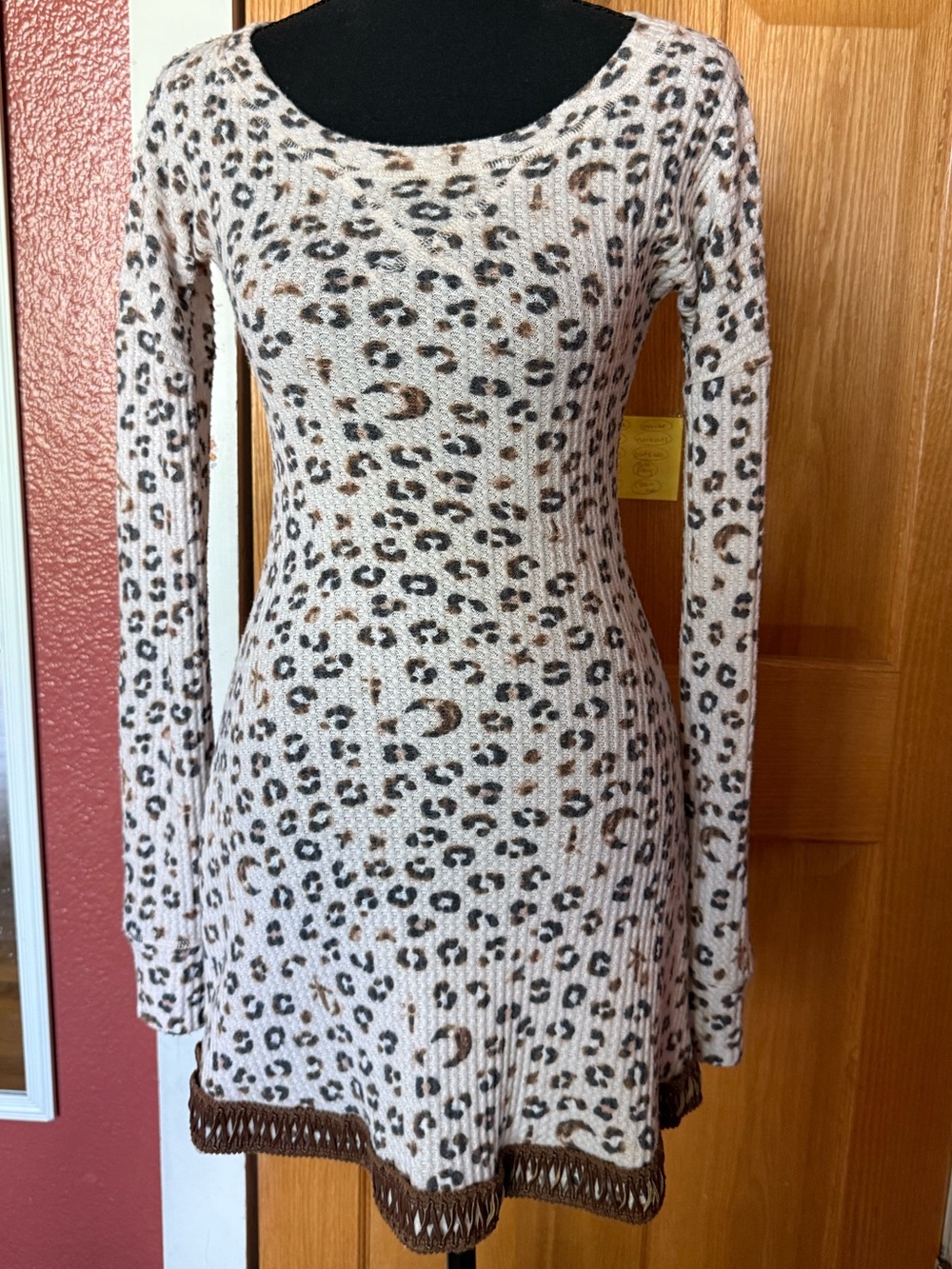Cream Leopard-Print Long Sleeve Knit Dress with Brown Trim